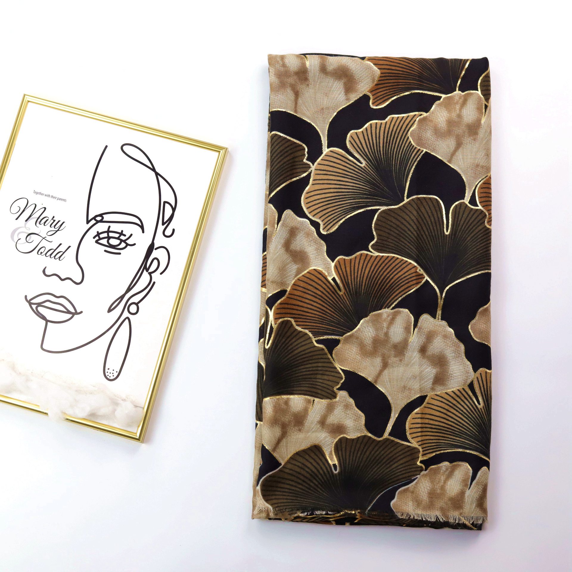 Picture of Factory Sold Cross-border Foreign Trade Bronzing Color Ginkgo Printed Long Scarf Satin Cotton Women's Autumn and Winter Scarf Warm Sunscreen Shawl