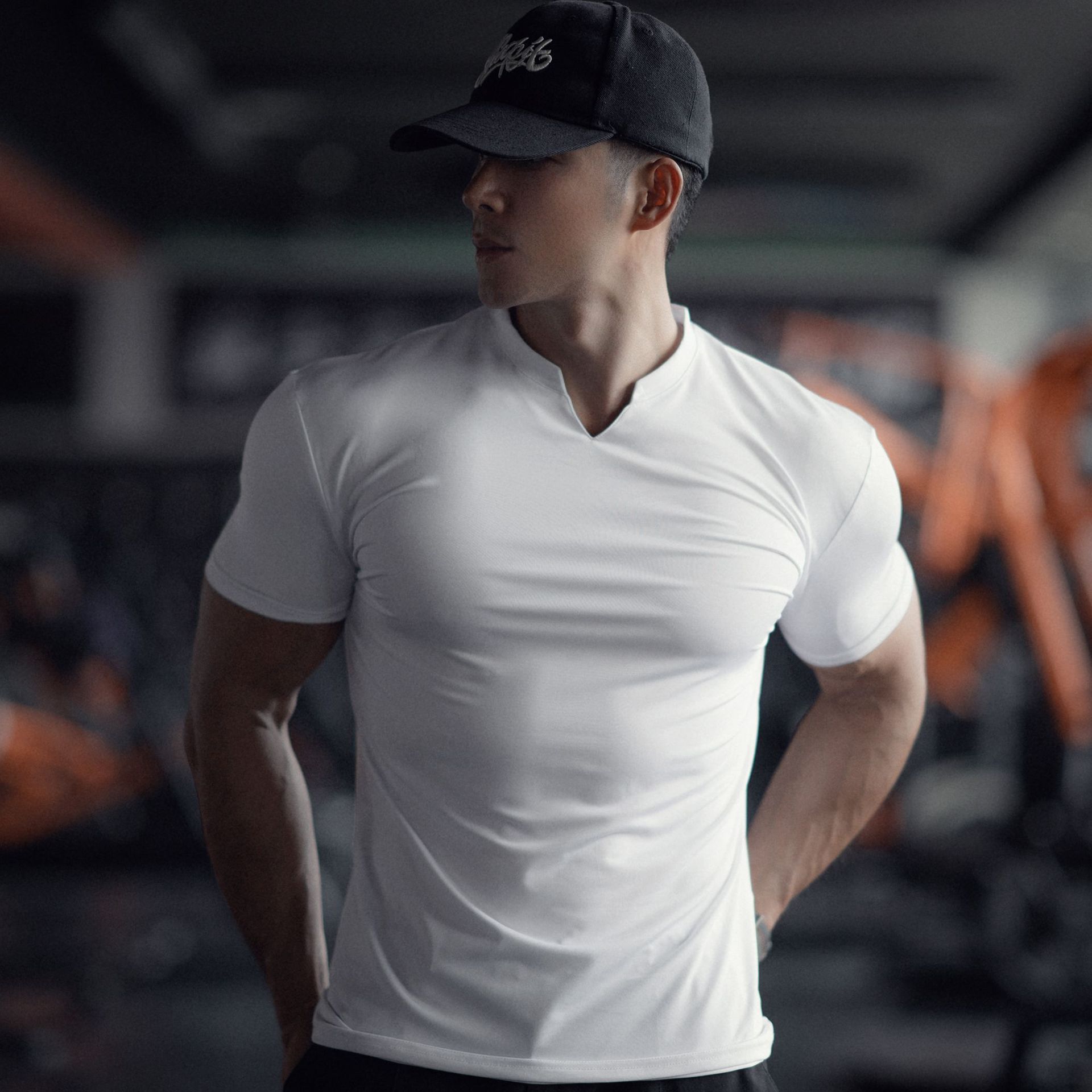 Summer New Men's Sports Leisure Fitness Running Exercise Pure Color Elastic Quick-Drying V Neck Short-Sleeved T-Shirt Base