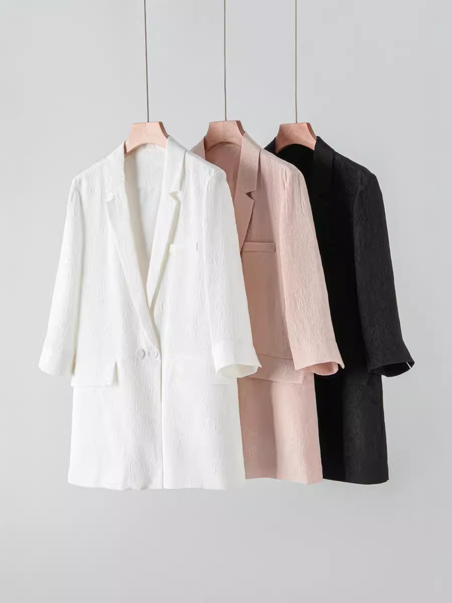Silk Suit Jacket Women's Texture Pleated Loose Commuter Seven-point Sleeve Jacquard Silk Suit Jacket Wholesale