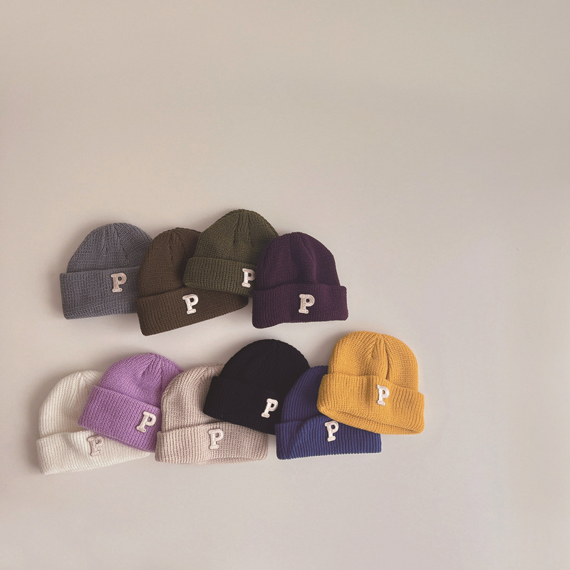 P Letter Simple Baby Knitted Hat Autumn and Winter Newborn Hat Spinning Yarn Warm Cross-border Wool Pullover Cap