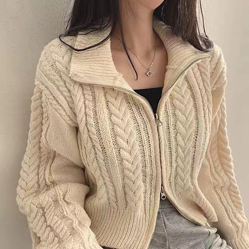 K-Style Ins Autumn and Winter New Retro Elegant Student Double Zipper Twist Sweater Jacket Women's Knitted Cardigan