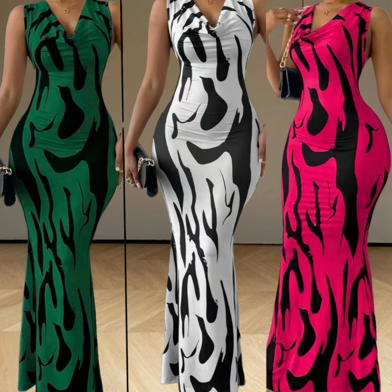 Cross-border 2024 Europe and the United States spring V-neck hot girls women's pullover sexy hip one-step skirt dress