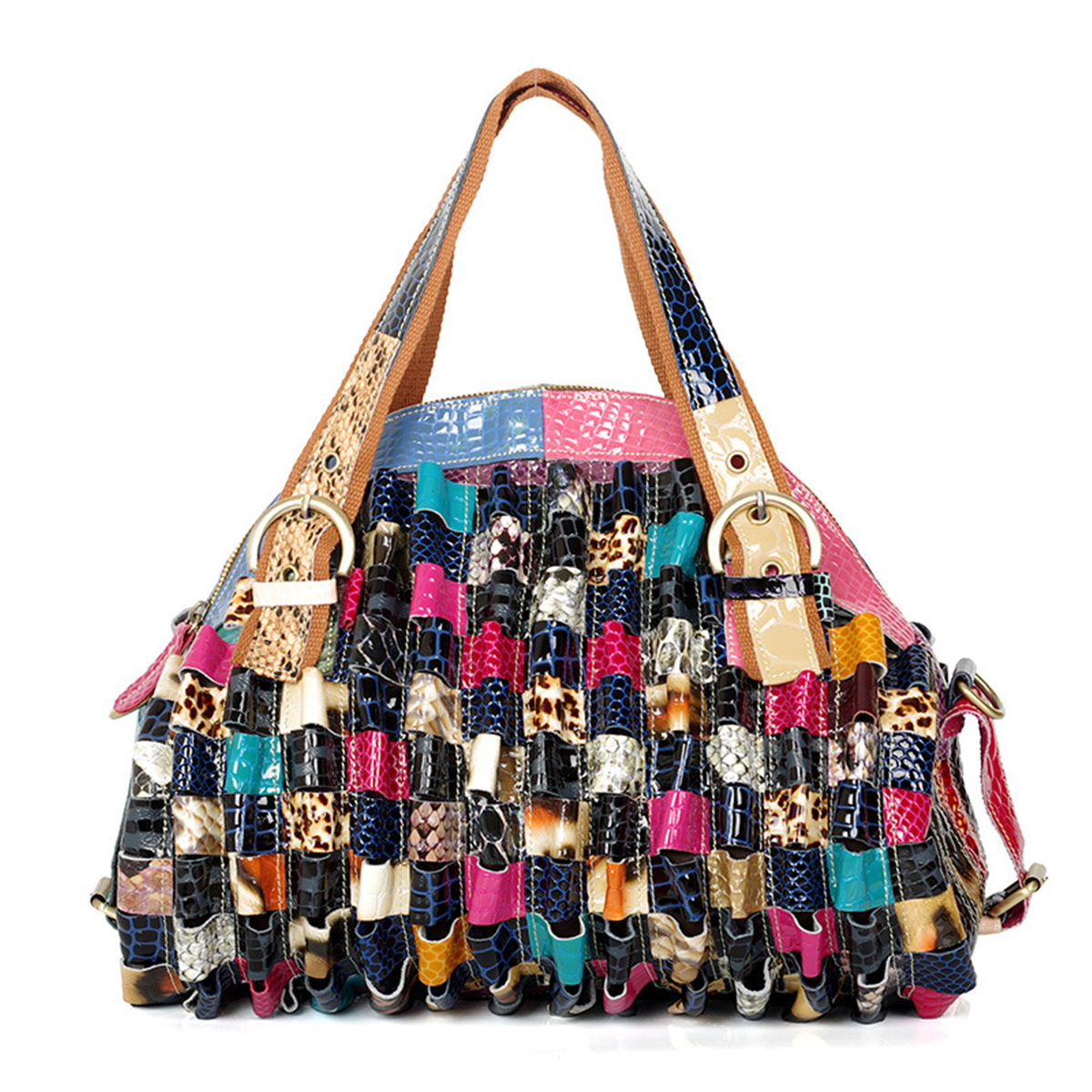 European and American Style Genuine Leather Cowhide Colorful Stitching Snake Pattern Wave Hand Bag Maillard Vintage Crossbody Bag