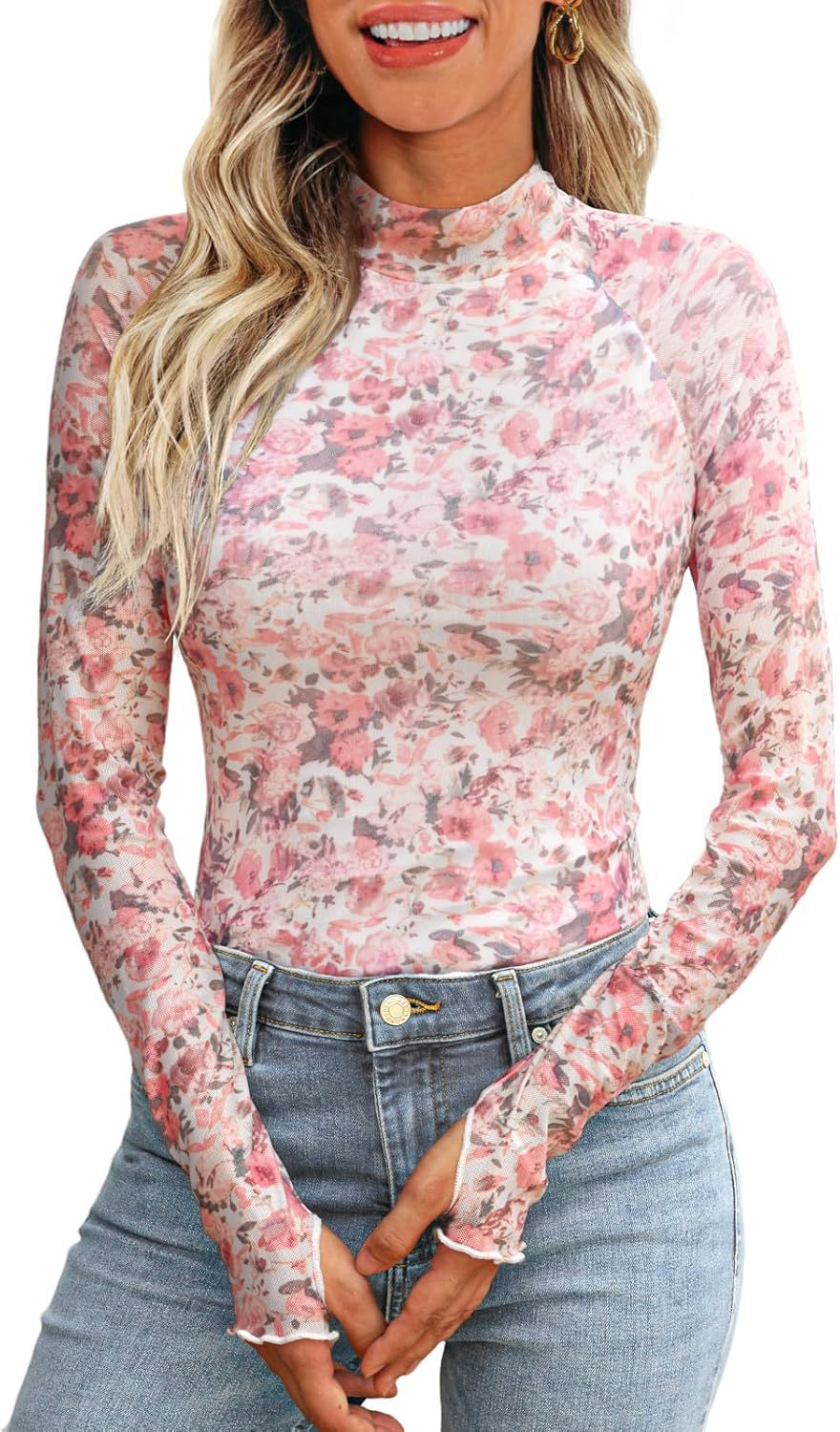 Picture of Cross-border European and American Amazon TK2025 Explosions Turtleneck Long Sleeve Lace Flower Mesh Base Shirt T-shirt for Women