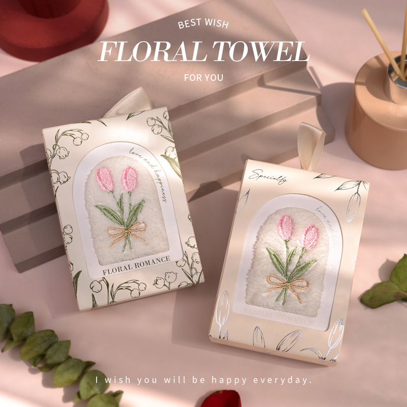 Picture of Mother's Day Tulip Towel Gift Box Hand Gift Small Gift Creative Absorbent Face Wash Towel Square Gift Box