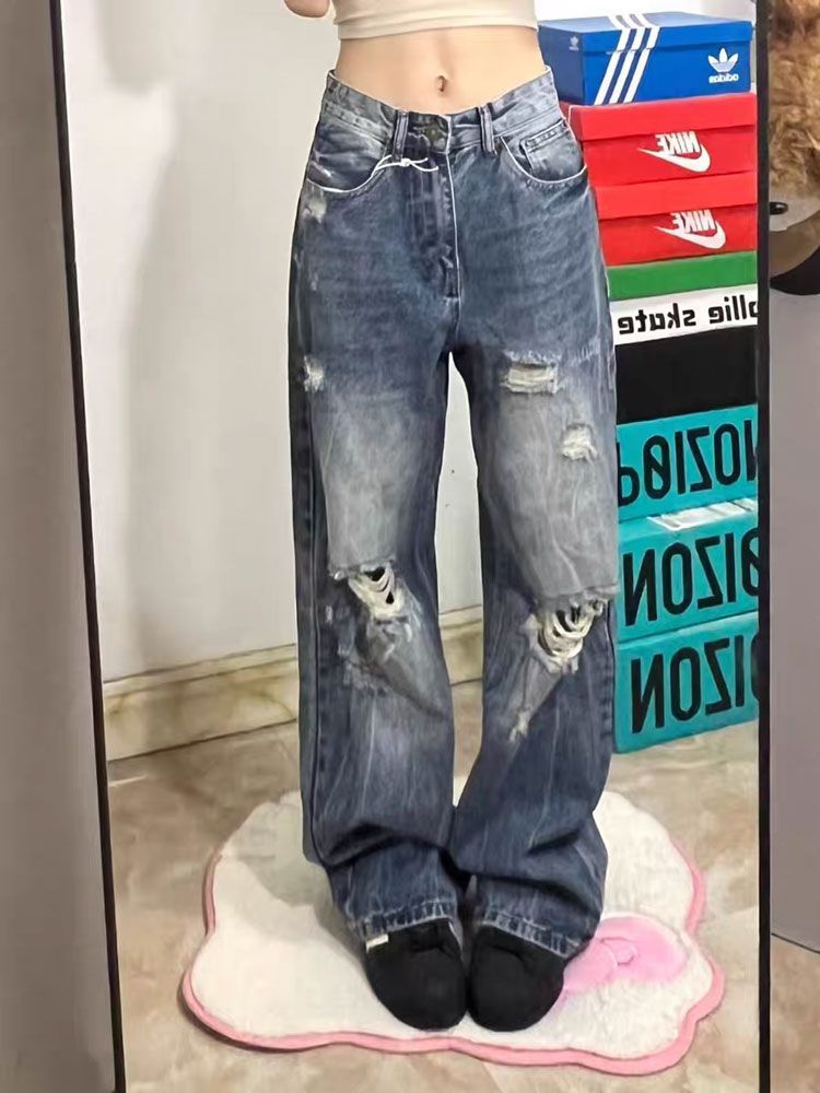 Picture of Ripped plus-size wide-leg jeans women's American summer new loose and versatile fashion high-waisted floor-length straight trousers