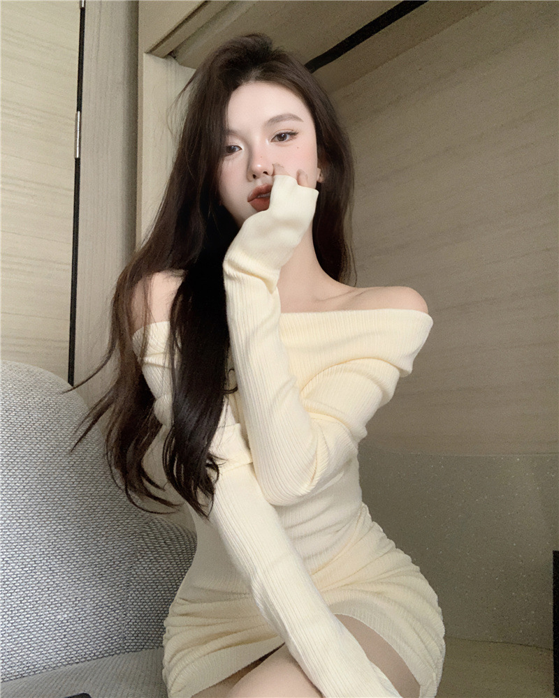 Pure desire style off-shoulder long sleeve knitted dress women's autumn and winter new hot girl drawstring pleated waist sheath skirt
