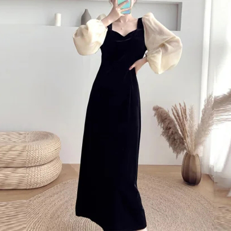 Women's Gold Velvet Hip Skirt 2024 Early Spring Autumn Dress French Style Chanel Black Stitching Temperament Waist dress