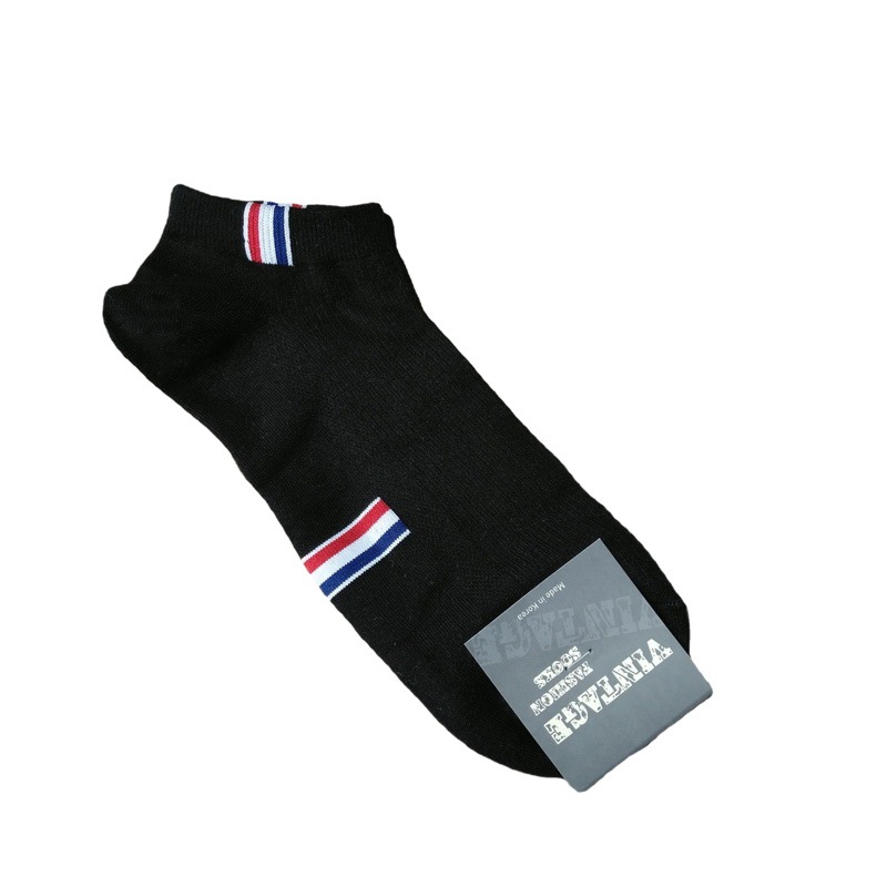 Red, white and blue striped socks mouth small label for men and women couples short waist cotton socks side mesh breathable 2025 spring and summer