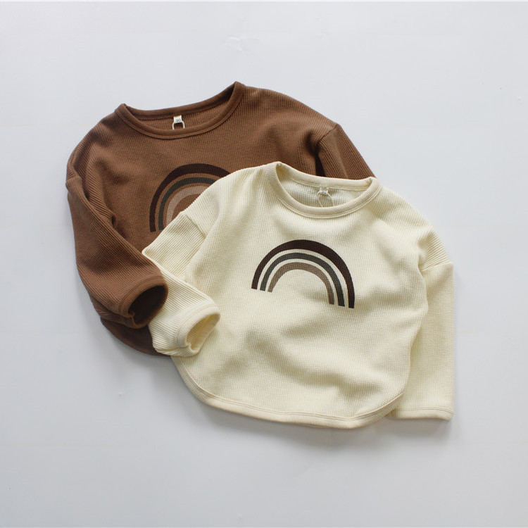 Waffle Kidsren's T-Shirt Autum Printed Pullover Boys Korean Style Loose Round Neck Versatile Baby Girls Tops