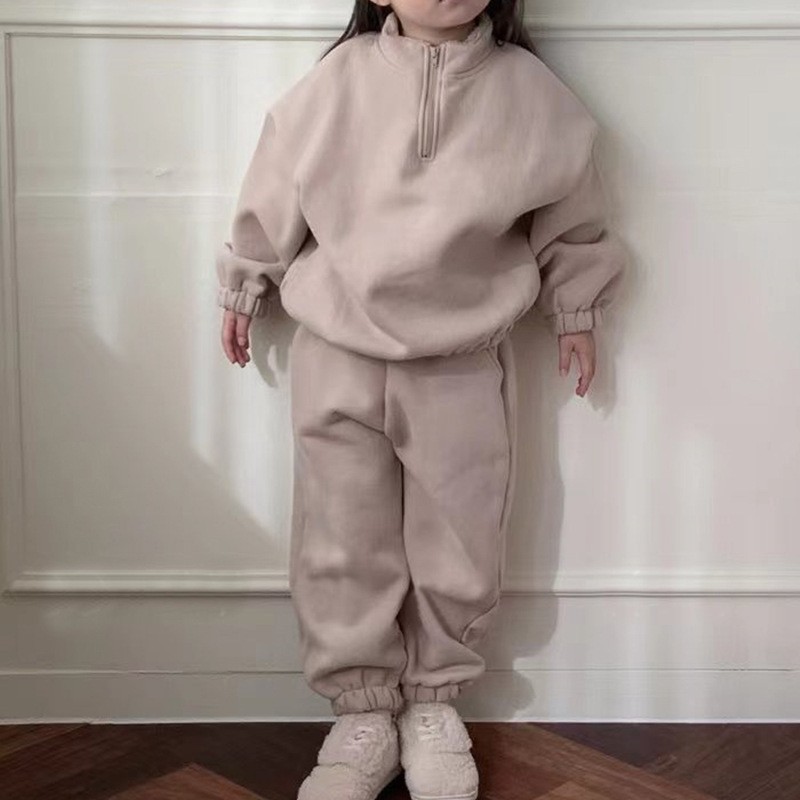 Ins Korean-style Winter Children's Wear Boy's Simple Solid Color Fleece-lined Suit Baby Girl's Fashionable Outfit Two-piece Suit