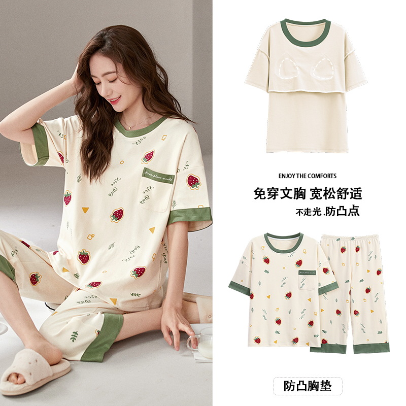 Pajamas Women Summer Cotton Short-sleeved Capri Pants with Chest Pad Home Clothes Summer Thin Casual suit Wholesale