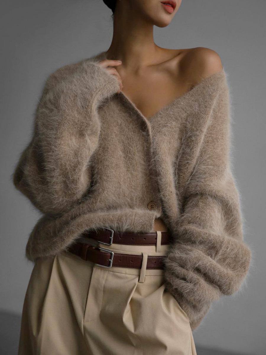 Cross-Border Knitted Sweater Women's Autumn and Winter Cardigan European and American Export Lazy Style Casual Loose Long-Sleeved V Neck Sweater Jacket