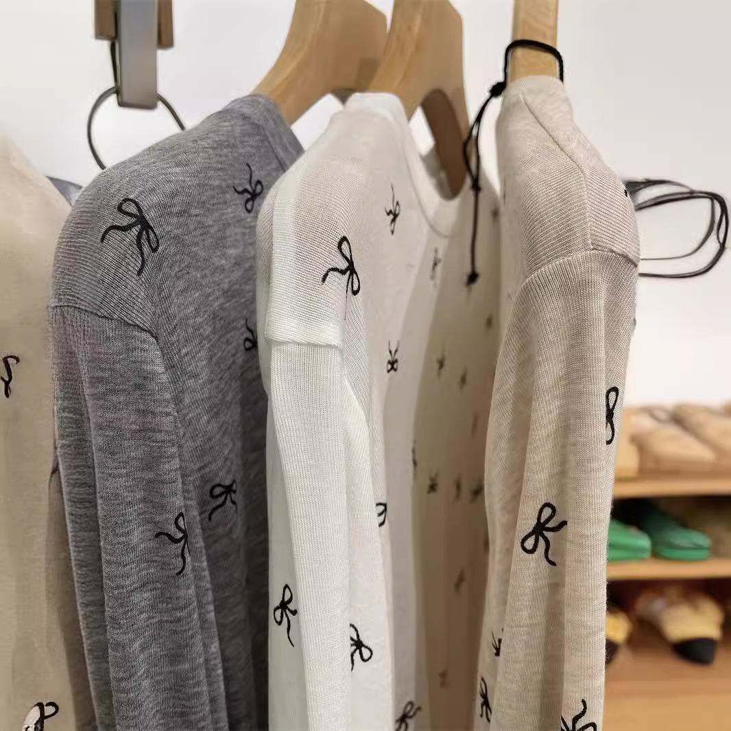 Pure desire hottie! Round Neck Bow Perspective Tencel Wool Base Shirt Women's Slim-fit Slimming Long-sleeved T-shirt for Summer