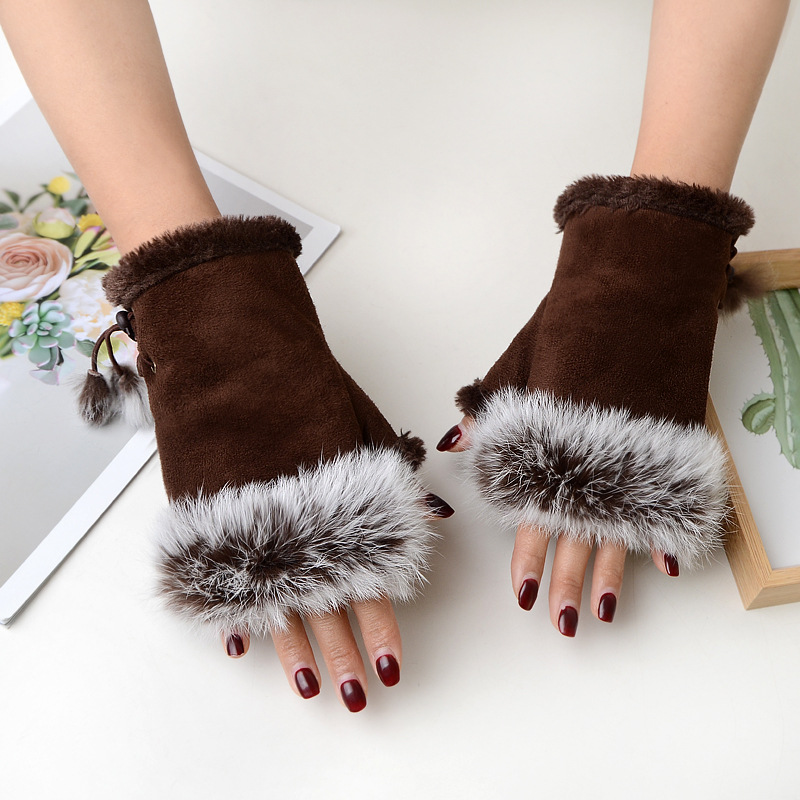 Picture of Factory sales suede rabbit fur half finger gloves women winter gloves warm gloves computer gloves wholesale