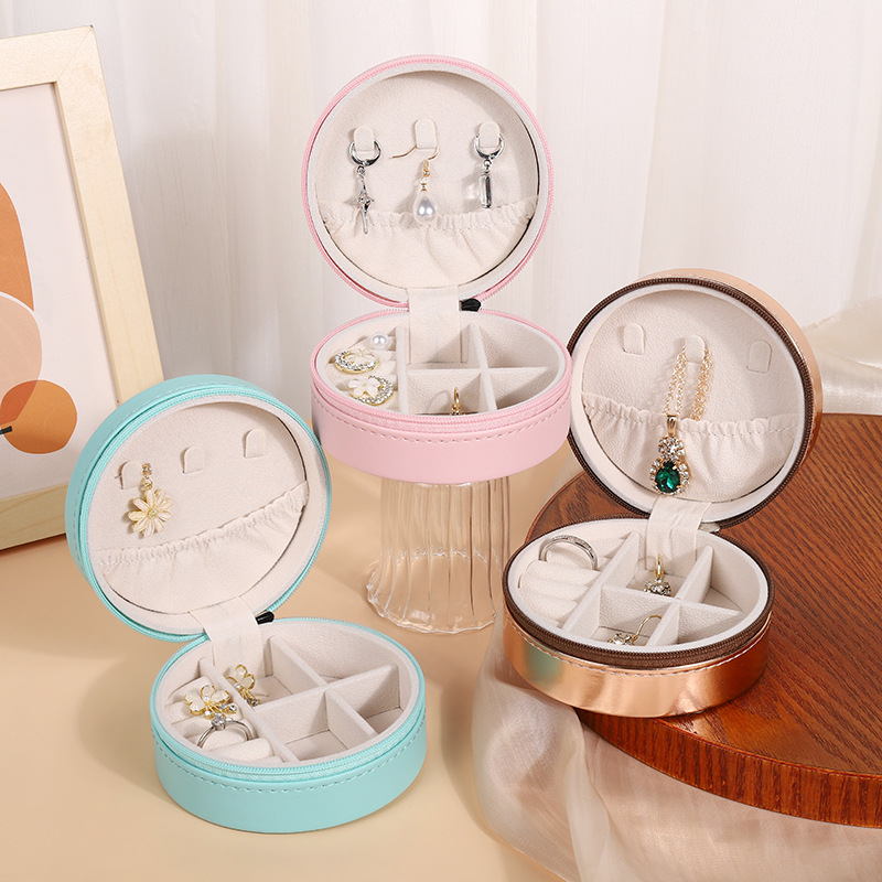 PU leather round jewelry box portable earrings earrings necklace ring compartment storage box travel jewelry box