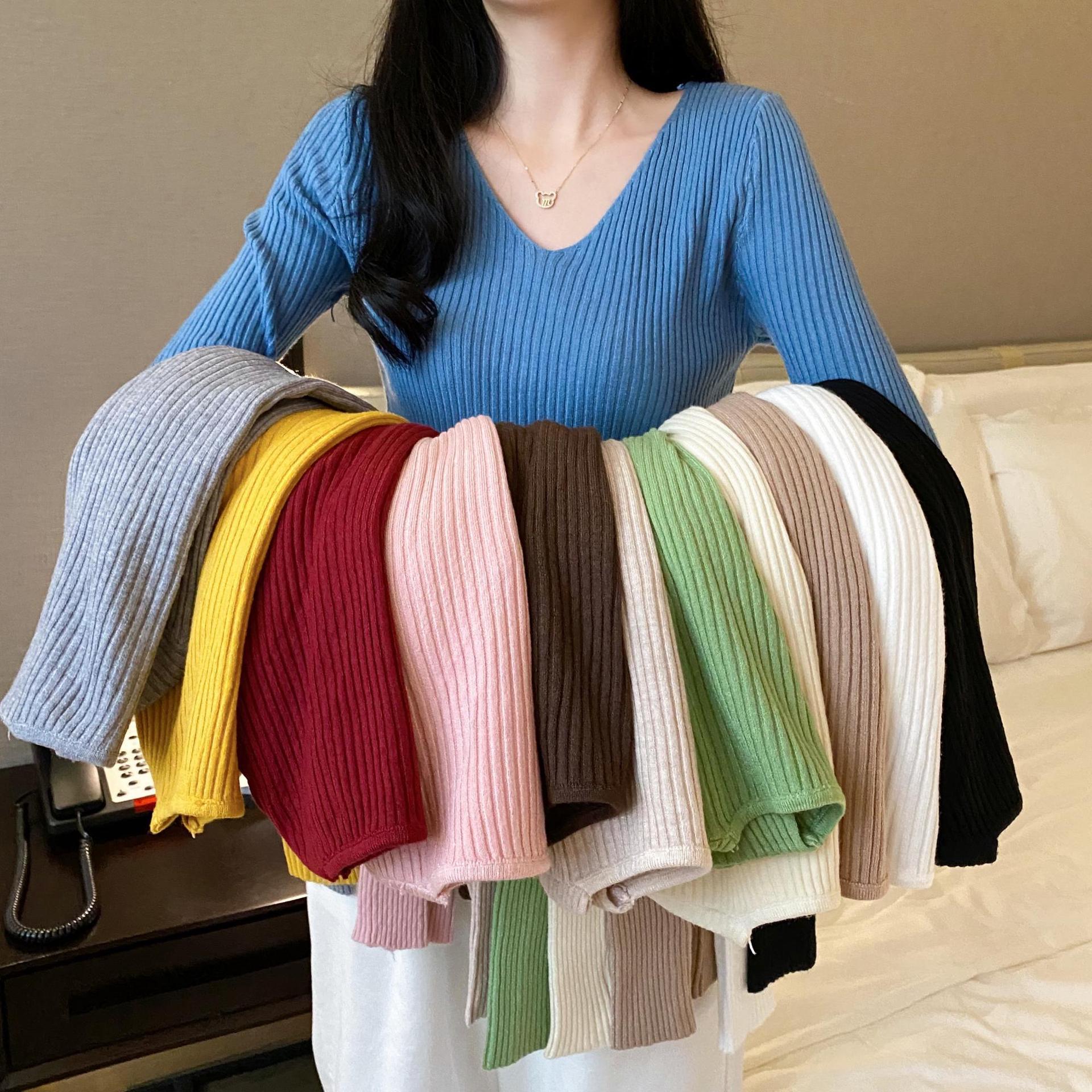 2024 Autumn and Winter New Slim-fit V-neck Base Knitted Shirt Stynetic Inner Long-sleeved Skin-friendly Women's Sweater Ins Trendy