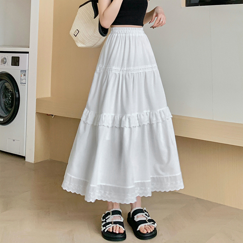 White cake skirt high waist slimming all-match skirt Korean style gentle wind sweet elastic waist fairy wind long skirt