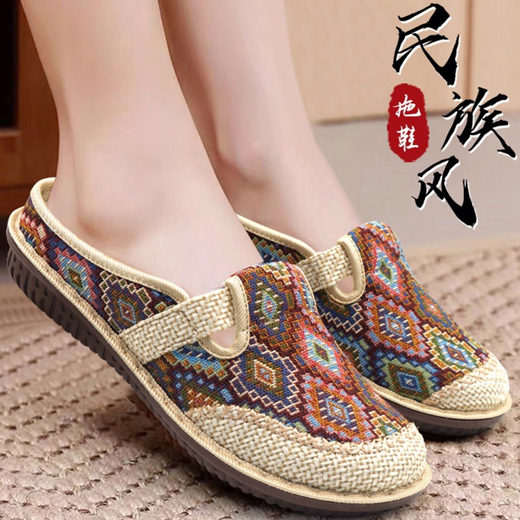 Foreign Trade Style Slip-On Old Beijing Shoes, Shallow Women's Shoes, Half-Slip Linen Mom Canvas Flats, Soft Sole, Breathable for Summer
