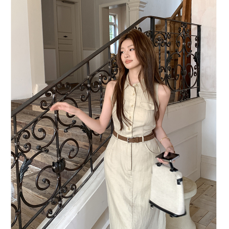 Real shot 2025 spring and summer new lapel shirt dress women's temperament design sense commuter waist slim long skirt