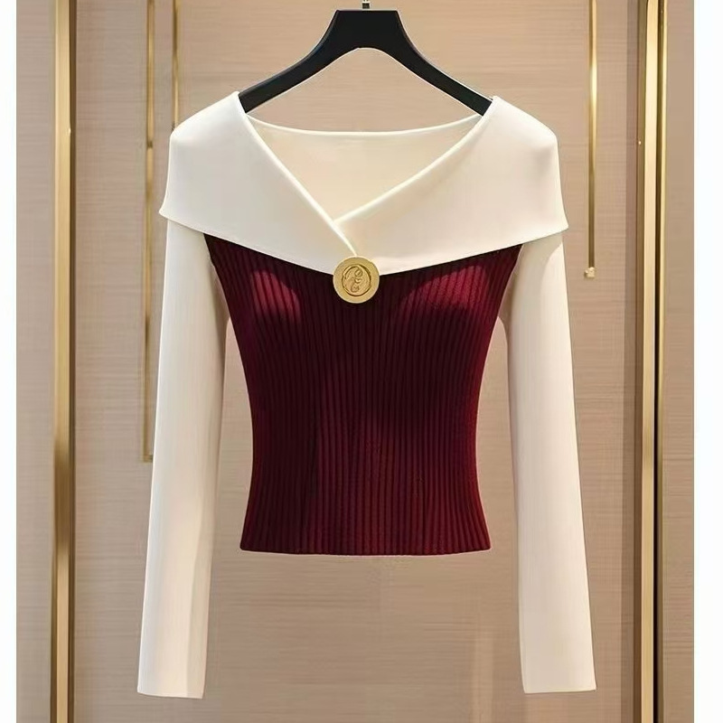 Korean Chic Burgundy Knitted Sweater for Women 2025 Autumn and Winter New Style Foreign Style and Chic Inner Bottoming Top