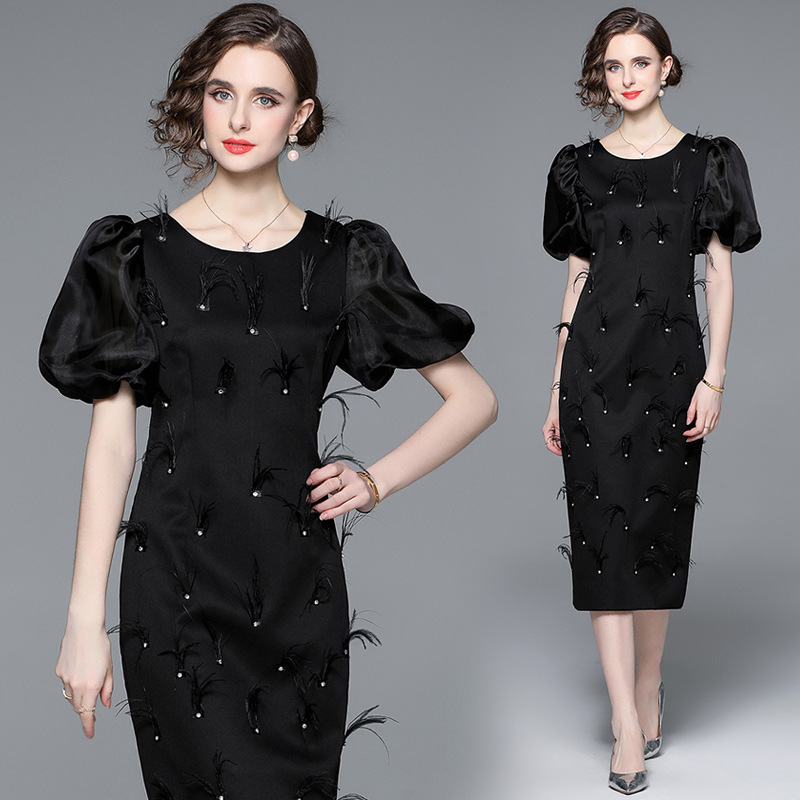 Fashion New Heavy Beaded Ostrich Feather Elegant Slimming Socialite Dress