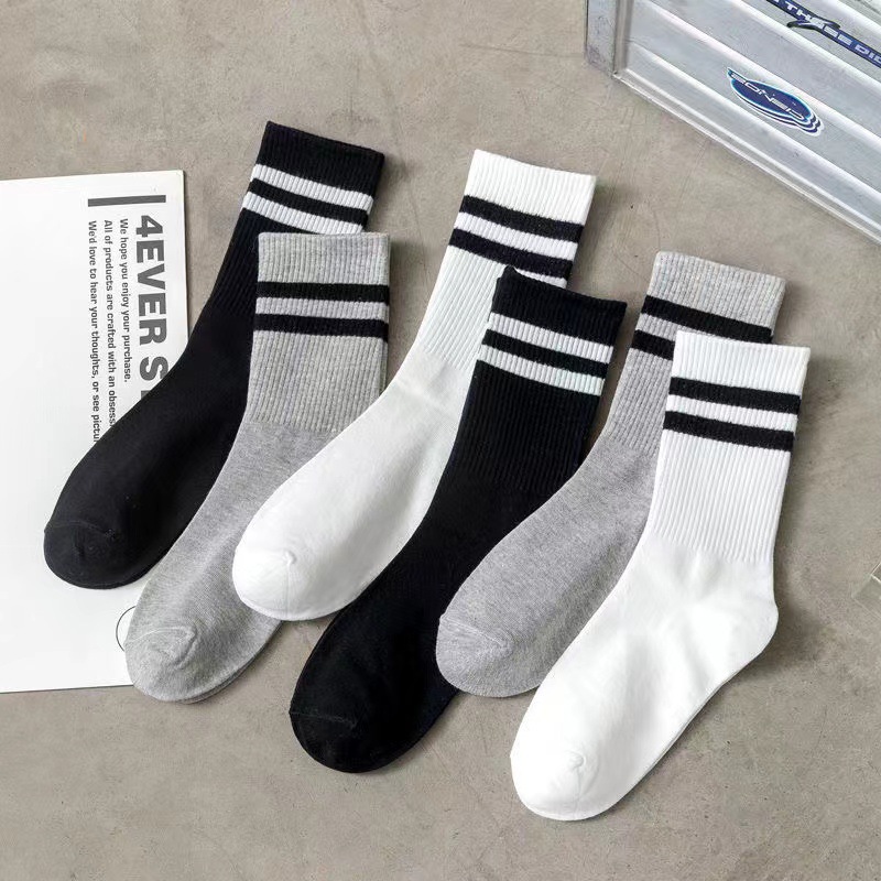 Shark pants with socks women's black, white and gray parallel bars mid-calf length socks pure cotton Internet celebrity casual sports stockings ins fashion