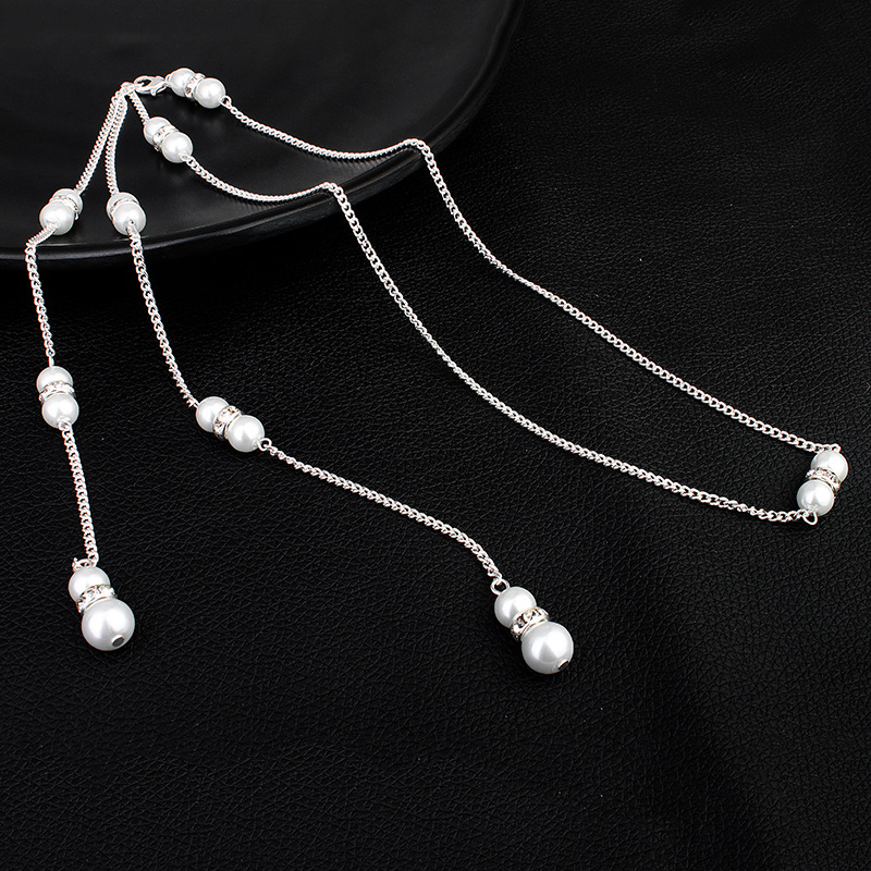 Picture of Beach Holiday Style Sexy Necklace European and American Diamond Body Chain Pearl Pendant Tassel Back Chain Dress Accessories