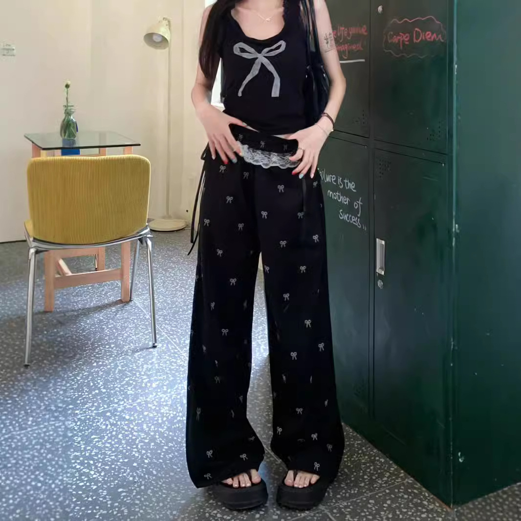 Picture of Sweet Spice Lace Stitching Casual Pants Bow Pants New Summer Loose Loose Waist Wide Pants Straight Leg Pants