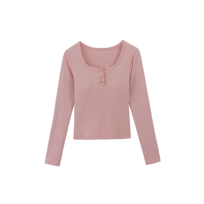 Picture of Velvet Pink Base Shirt Square Collar Shoulder fleece-lined T-shirt Women's Autumn and Winter Slim-fit Warm-keeping Short Long-sleeved Inner Top