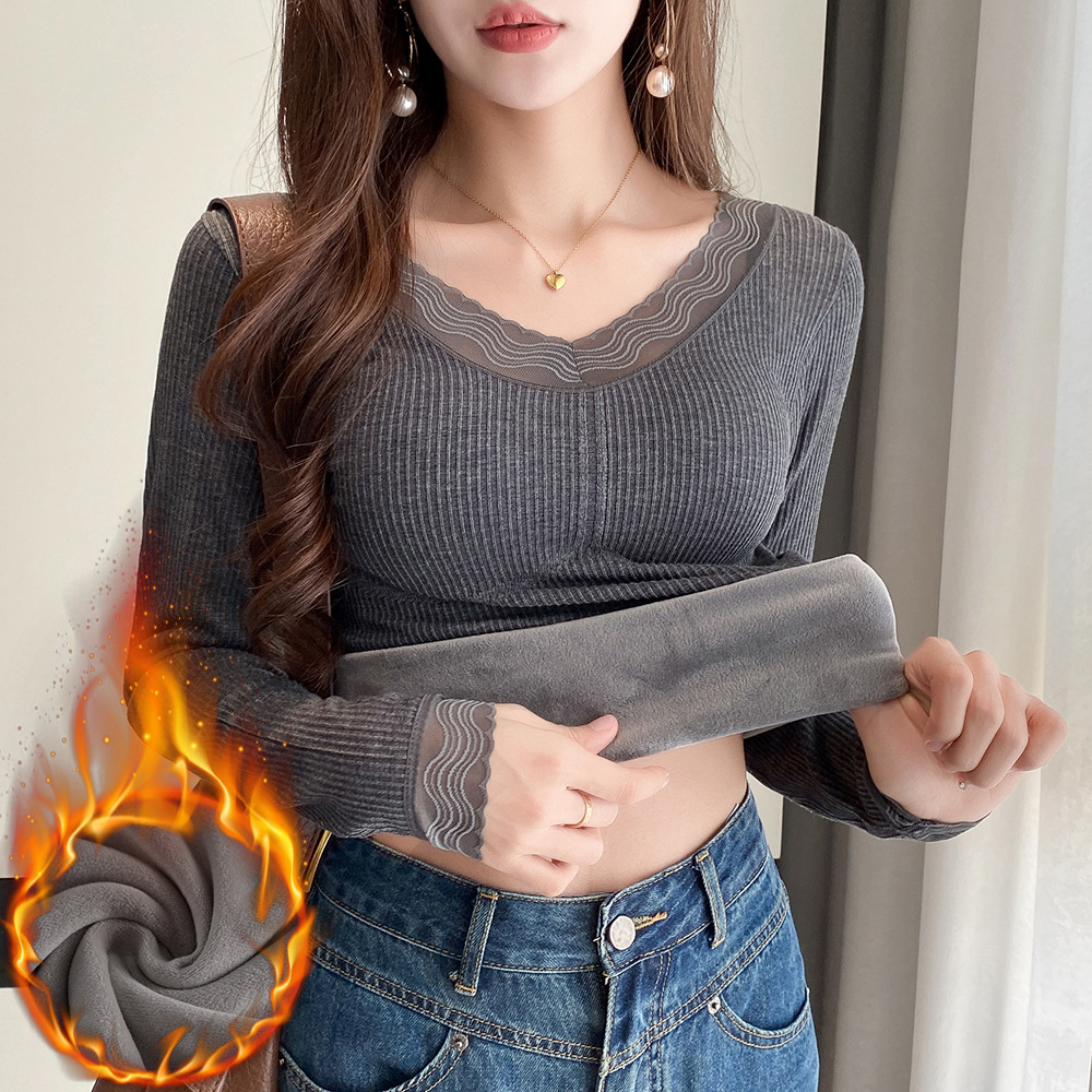 Full Body Warm Top for Women in Winter Fleece-Lined and Thickeneded with Chest Pad V Neck with Tight Bottoming Shirt Heating Intimates New
