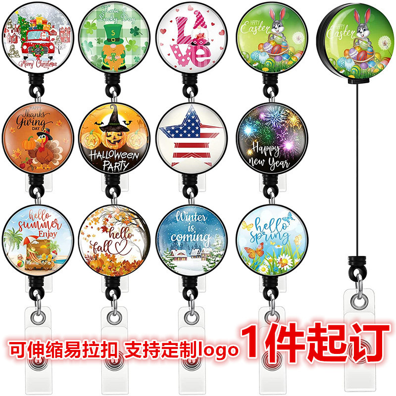 Nurse Easy Pull Buckle Halloween Easter Pumpkin Turkey Round Nurse Badge Retractable Keychain Spot