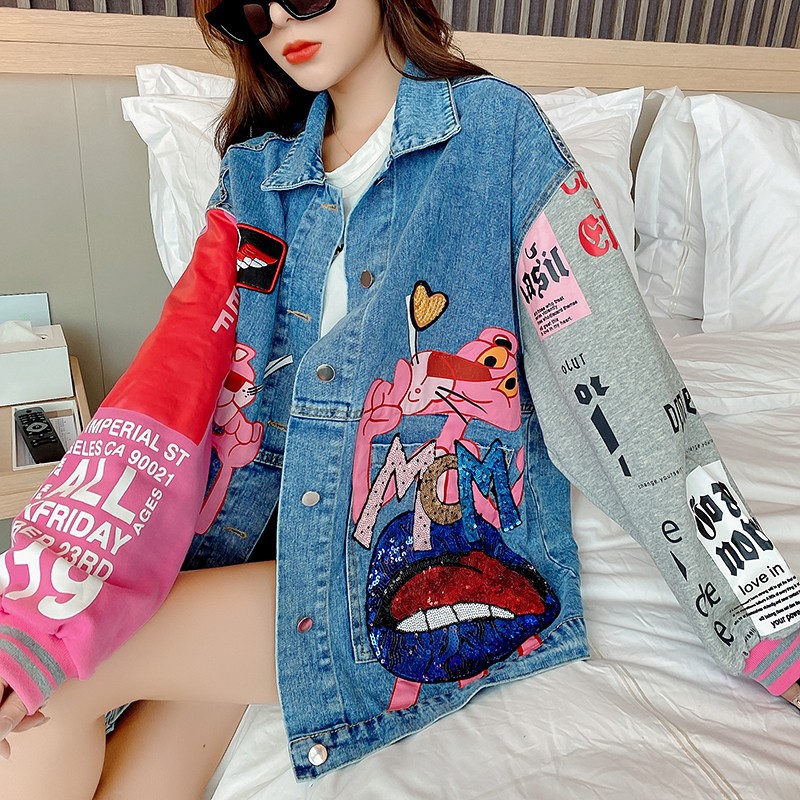 Thailand tide brand 2025 new Denim coat women's cartoon western style sequins loose frock color matching jacket spring