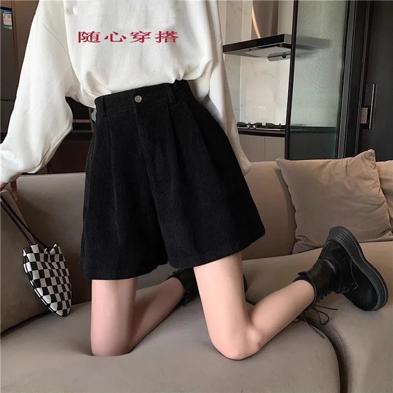 All-Match Wide-Leg Pants Women's Casual Large Size Chubby Girl Bottoming Autumn and Winter High Waist Shorts Corduroy Short Boots Pants Black
