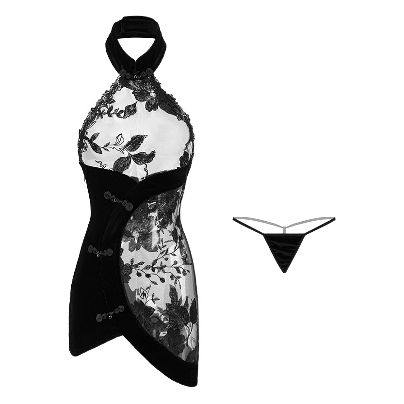 Man Smoke Sexy Underwear Sexy Lace Embroidered Perspective Backless Velvet Hip Cheongsam Uniform Set 8830