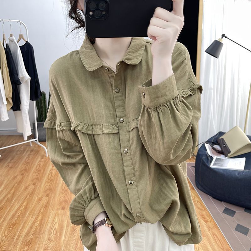 Cotton and Linen Lantern Sleeve Shirt for Women Spring & Fall Ruffled Long Sleeve White Caramel Color Purple Army Yellow Chenille Spandex