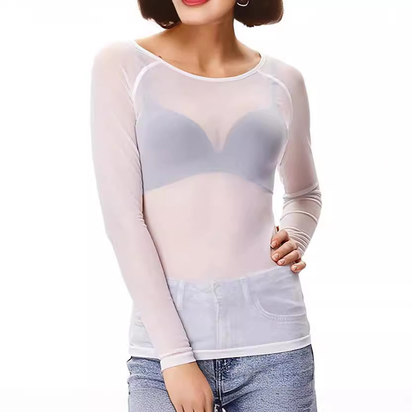 Picture of Autumn 2023 Black Transparent Mesh Base Shirt Women's Long-sleeved Sexy Perspective Thin Mesh Shirt Super-stretch Shirt