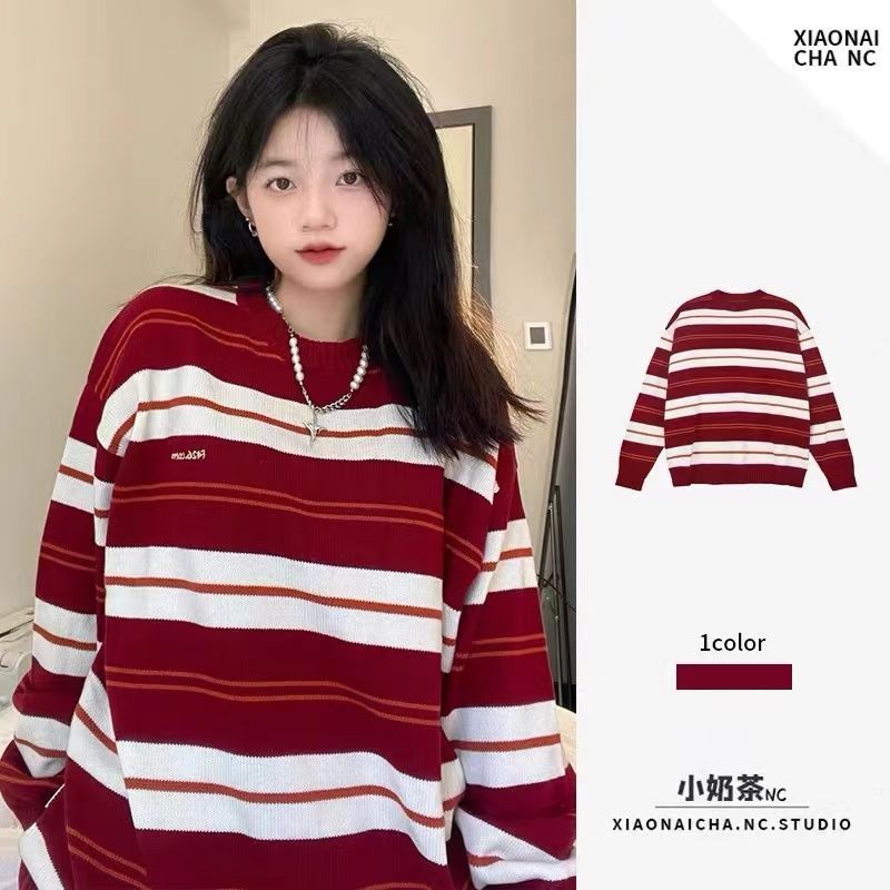 2023 new retro red striped pullover sweater round neck long sleeve sweater women's autumn loose slimming top