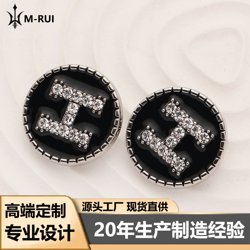 MinRui H Letter High-grade Metal Button Suit Tweed Sweater Woolen Coat with Diamond Buttons