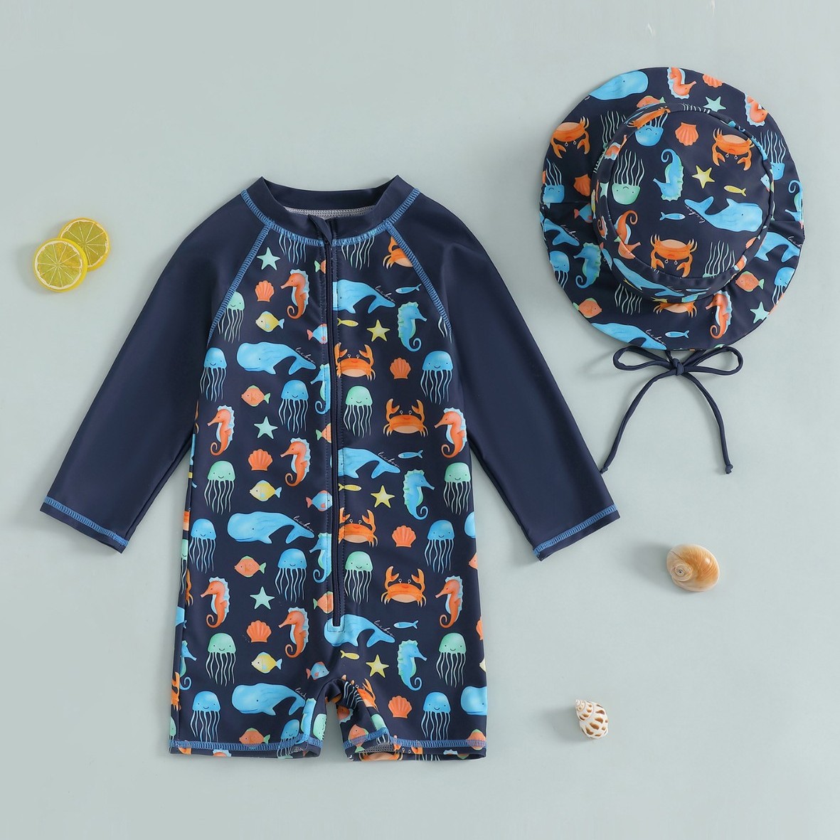 120-130-140-150 marine animal cartoon round hat one-piece children's swimsuit