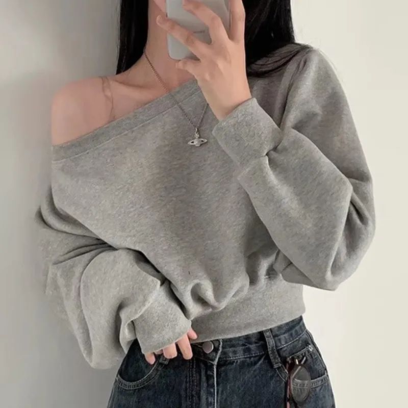 Picture of Thin Pure Color Bottoming Shirt, Elegant One-Line Collar, Off-Shoulder Loose Casual Top, Feminine Short Long-Sleeved Sweatshirt for Women