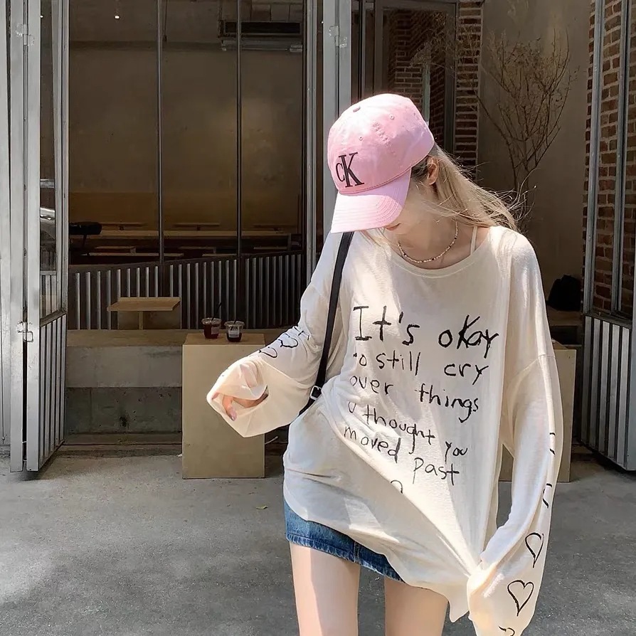 New chubby girl Letter Love Printed Long-sleeved T-shirt Women's Lazy Loose Thin Sun-protective Shirt Air Conditioning Blouse Top