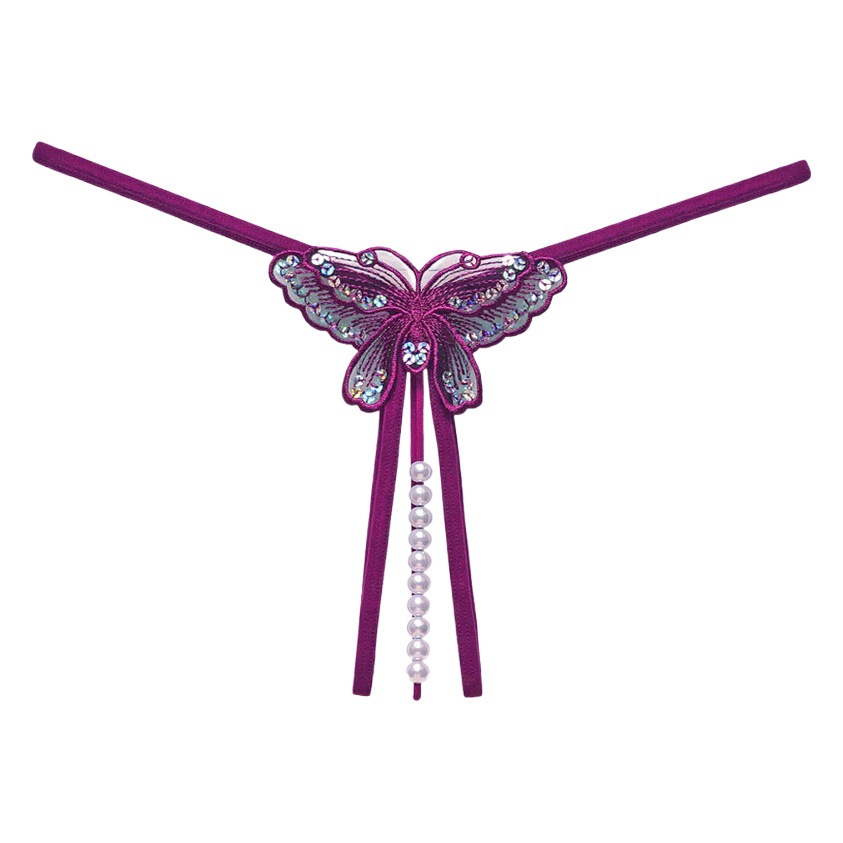 Sexy Embroidered Butterfly Beads Massage Thong Women's Low Waist Open Hot Temptation Sexy Sequin T-shaped Panties