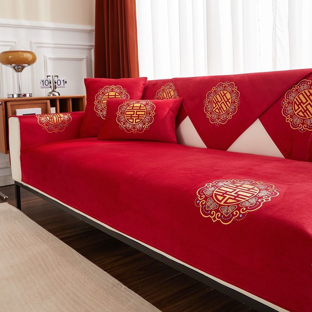 Festive big red sofa cushion four seasons universal wedding wedding room decoration cover cloth wedding non-slip cover wholesale