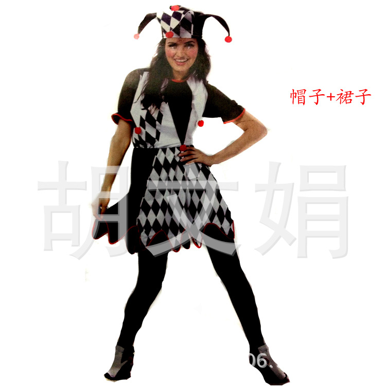 Picture of Halloween adult costume adult clown dress suit black and white stitching clown costume with hat one-piece clown suit