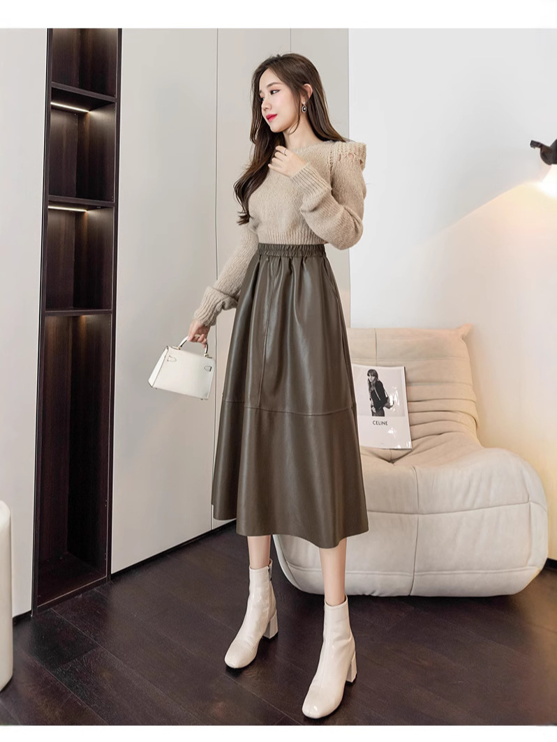 2024 New Autumn and Winter Simple Umbrella Skirt Women's High Waist Slim A- Line Skirt Mid-Length Skirt PU Leather Skirt
