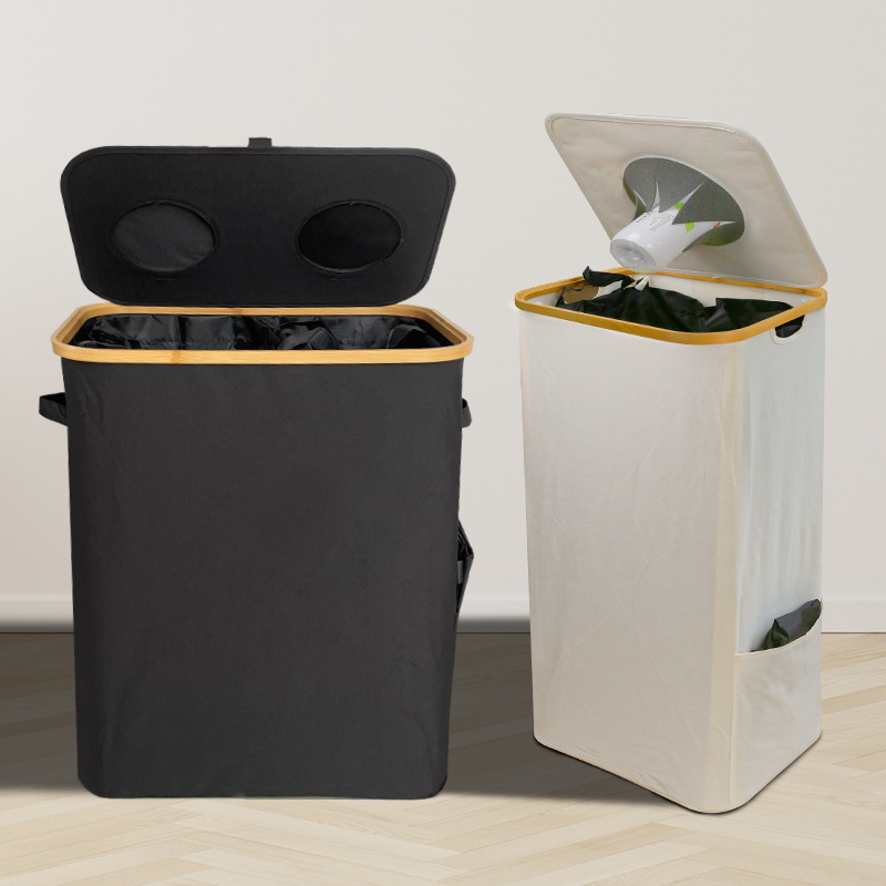 Source Factory Foldable Recycling Bottle Box with Lid Bamboo Oxford Cloth Storage Basket Household Bottle Collection Box with Inner Bag