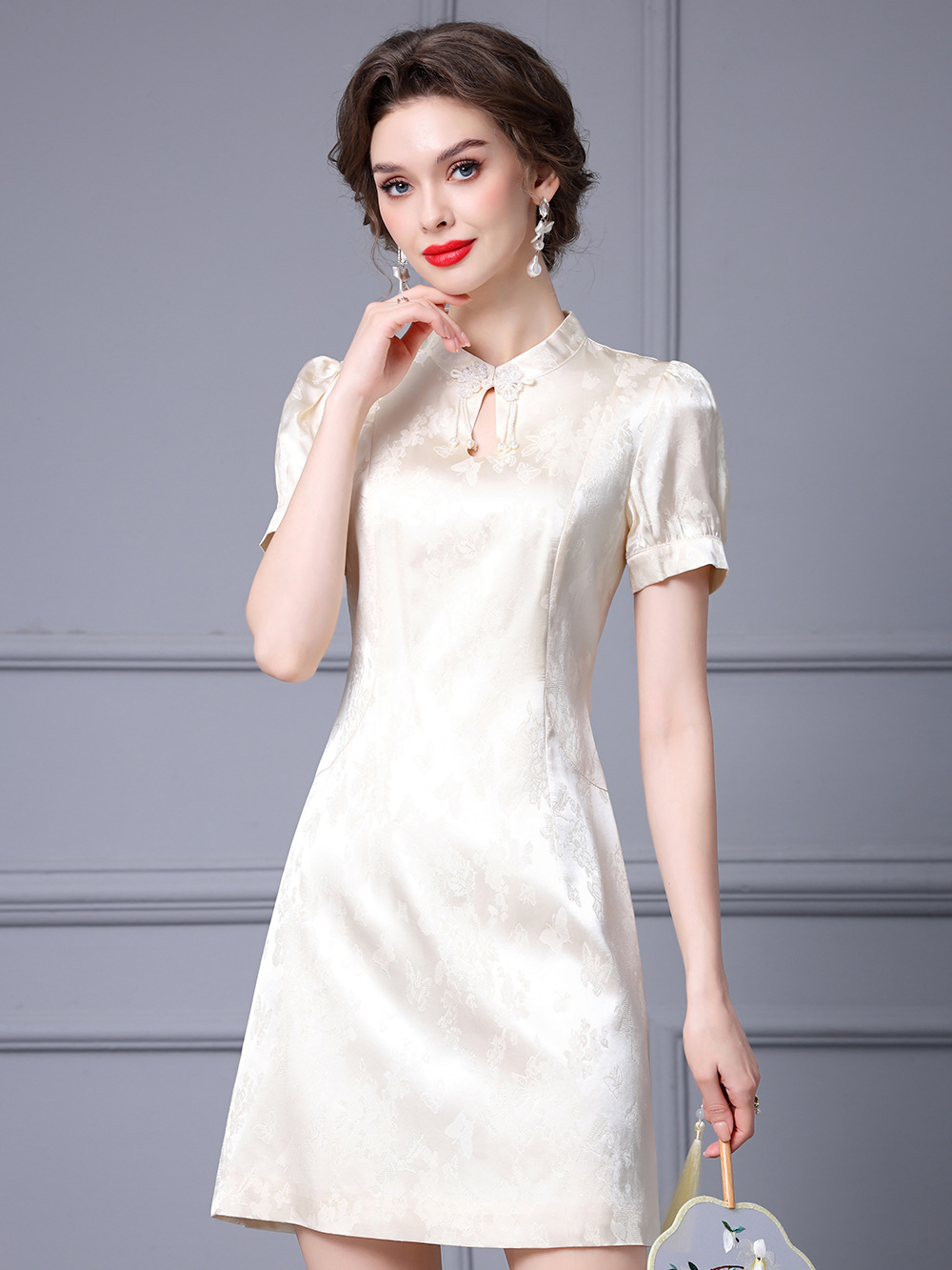 Picture of Zhili's Best Friend Improved Cheongsam Dress Stand Collar Plate Button Jacquard A-Line Dress Short Summer 2025 New Style