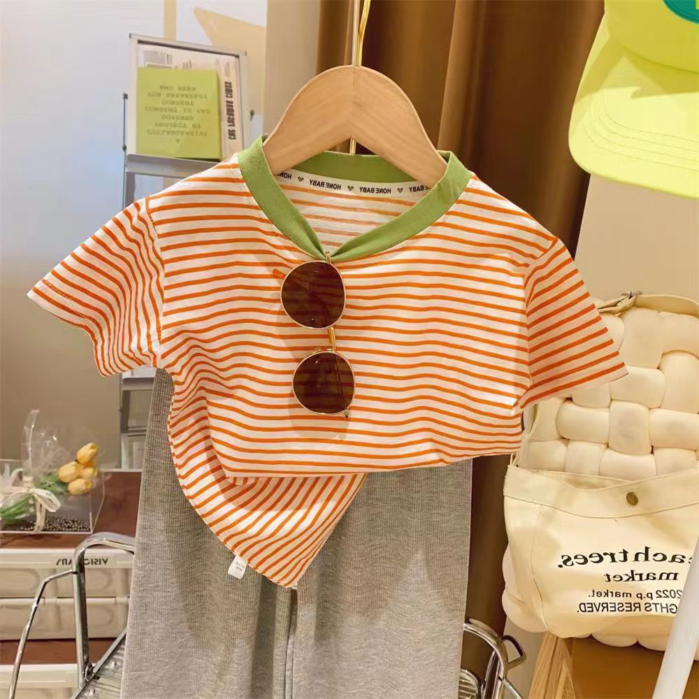Picture of Girls Summer Short-sleeved 2024 New Cotton Striped Round Neck Casual T-shirt Baby Thin Half-sleeved Base Shirt Trendy