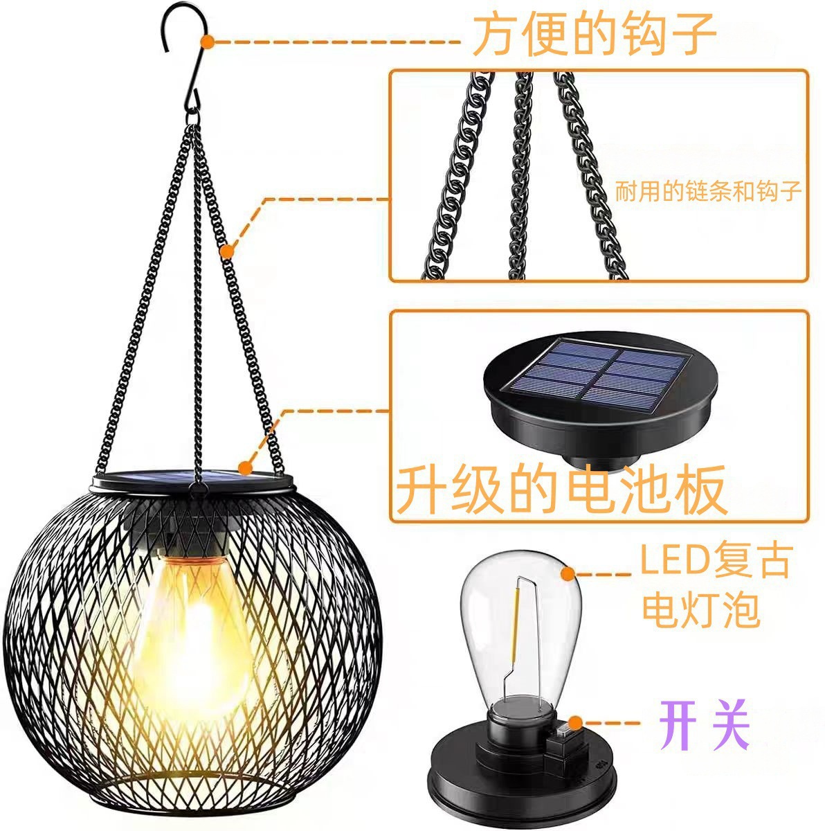 Picture of Amazon Solar Iron Lantern Lamp Retro Net Chandelier Outdoor Garden Courtyard Decoration Hollow Lantern Super Bright